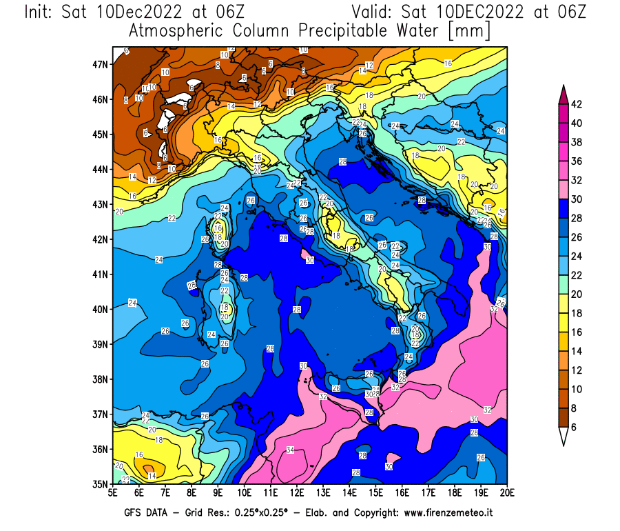 Mappa di analisi GFS - Precipitable Water [mm] in Italia
							del 10/12/2022 06 <!--googleoff: index-->UTC<!--googleon: index-->