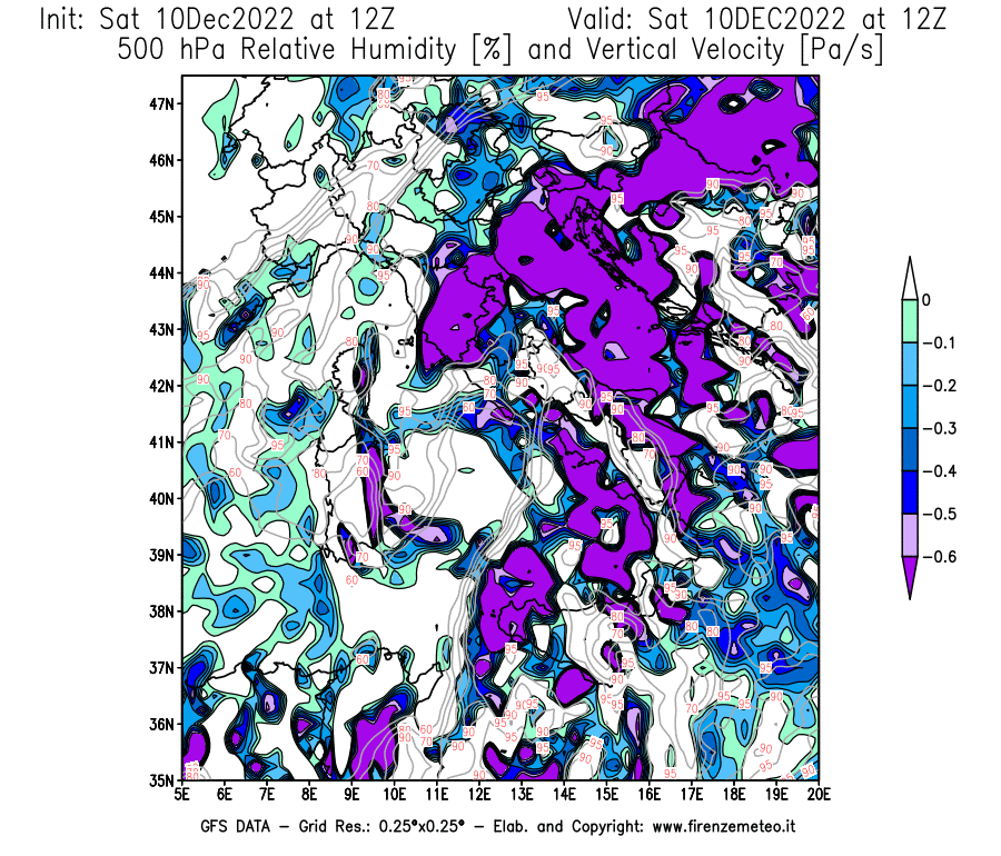 Mappa di analisi GFS - Umidità relativa [%] e Omega [Pa/s] a 500 hPa in Italia
							del 10/12/2022 12 <!--googleoff: index-->UTC<!--googleon: index-->