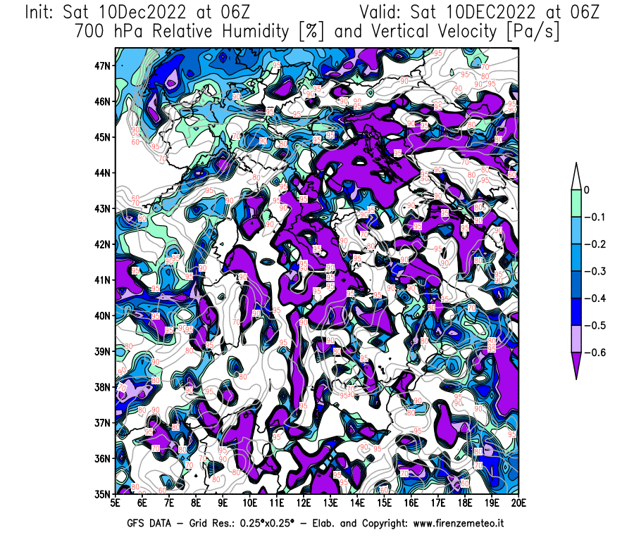 Mappa di analisi GFS - Umidità relativa [%] e Omega [Pa/s] a 700 hPa in Italia
							del 10/12/2022 06 <!--googleoff: index-->UTC<!--googleon: index-->