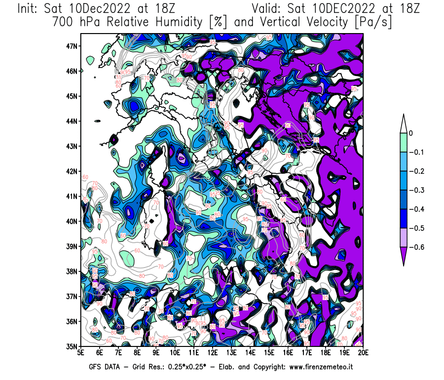 Mappa di analisi GFS - Umidità relativa [%] e Omega [Pa/s] a 700 hPa in Italia
							del 10/12/2022 18 <!--googleoff: index-->UTC<!--googleon: index-->