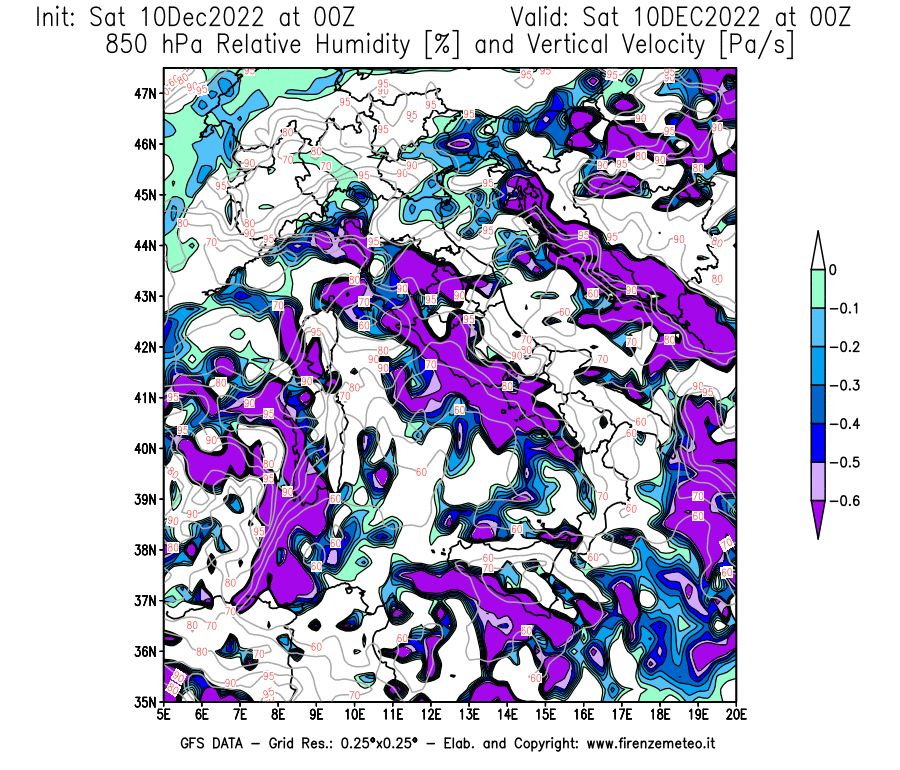Mappa di analisi GFS - Umidità relativa [%] e Omega [Pa/s] a 850 hPa in Italia
							del 10/12/2022 00 <!--googleoff: index-->UTC<!--googleon: index-->