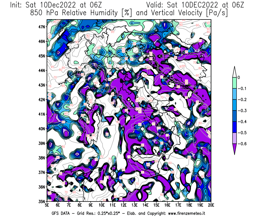 Mappa di analisi GFS - Umidità relativa [%] e Omega [Pa/s] a 850 hPa in Italia
							del 10/12/2022 06 <!--googleoff: index-->UTC<!--googleon: index-->