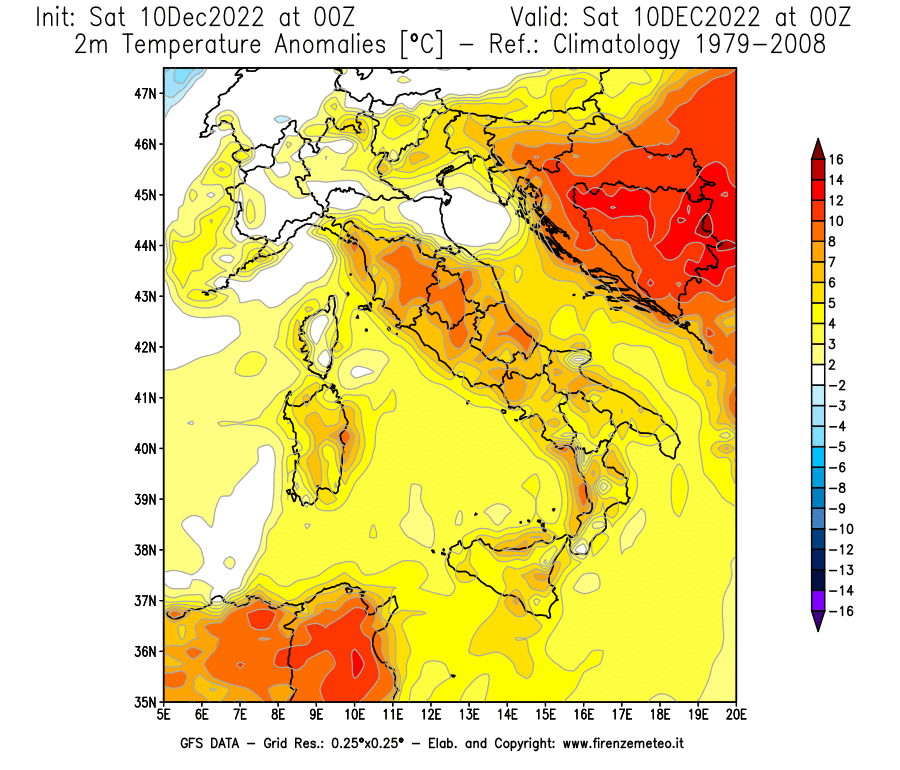 Mappa di analisi GFS - Anomalia Temperatura [°C] a 2 m in Italia
							del 10/12/2022 00 <!--googleoff: index-->UTC<!--googleon: index-->