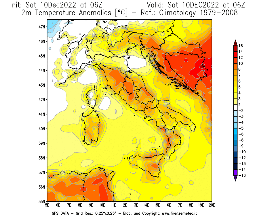 Mappa di analisi GFS - Anomalia Temperatura [°C] a 2 m in Italia
							del 10/12/2022 06 <!--googleoff: index-->UTC<!--googleon: index-->