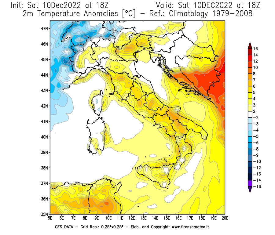Mappa di analisi GFS - Anomalia Temperatura [°C] a 2 m in Italia
							del 10/12/2022 18 <!--googleoff: index-->UTC<!--googleon: index-->