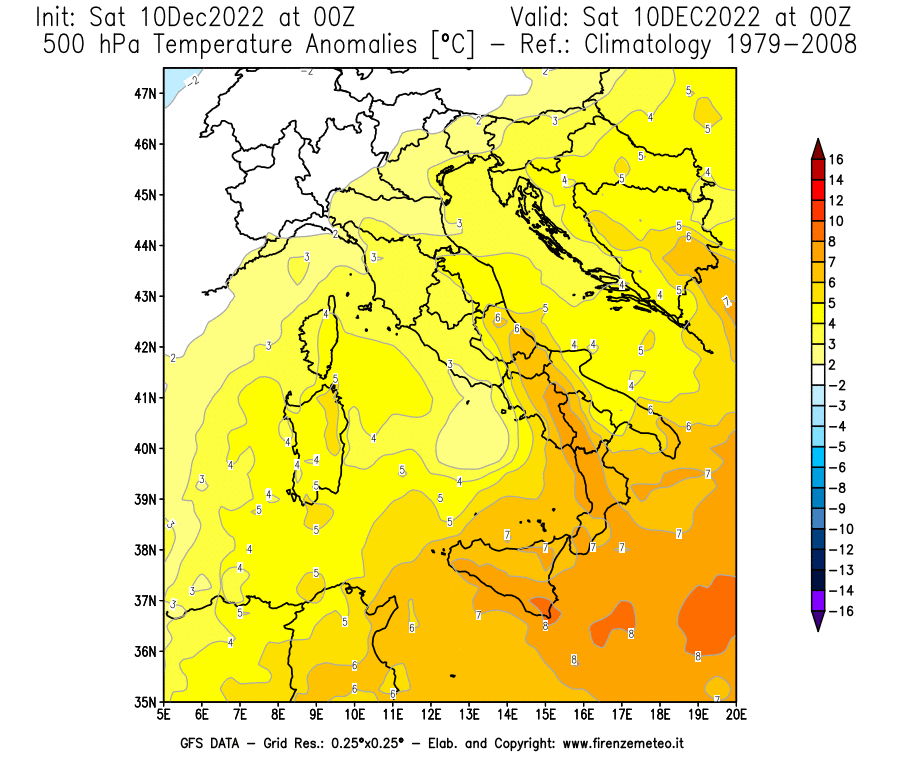 Mappa di analisi GFS - Anomalia Temperatura [°C] a 500 hPa in Italia
							del 10/12/2022 00 <!--googleoff: index-->UTC<!--googleon: index-->