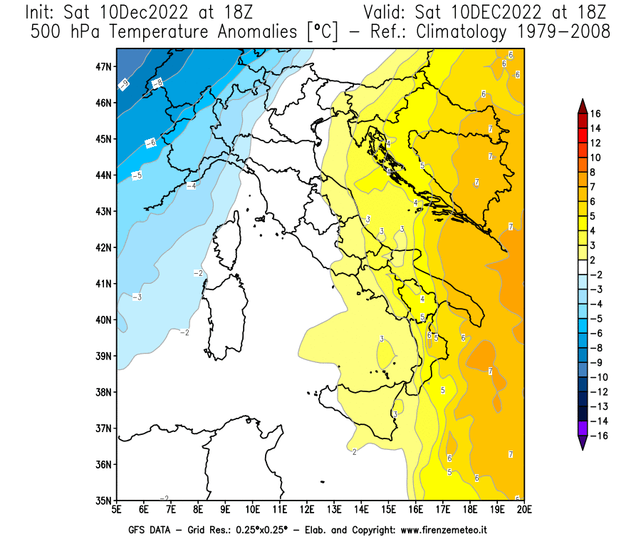 Mappa di analisi GFS - Anomalia Temperatura [°C] a 500 hPa in Italia
							del 10/12/2022 18 <!--googleoff: index-->UTC<!--googleon: index-->