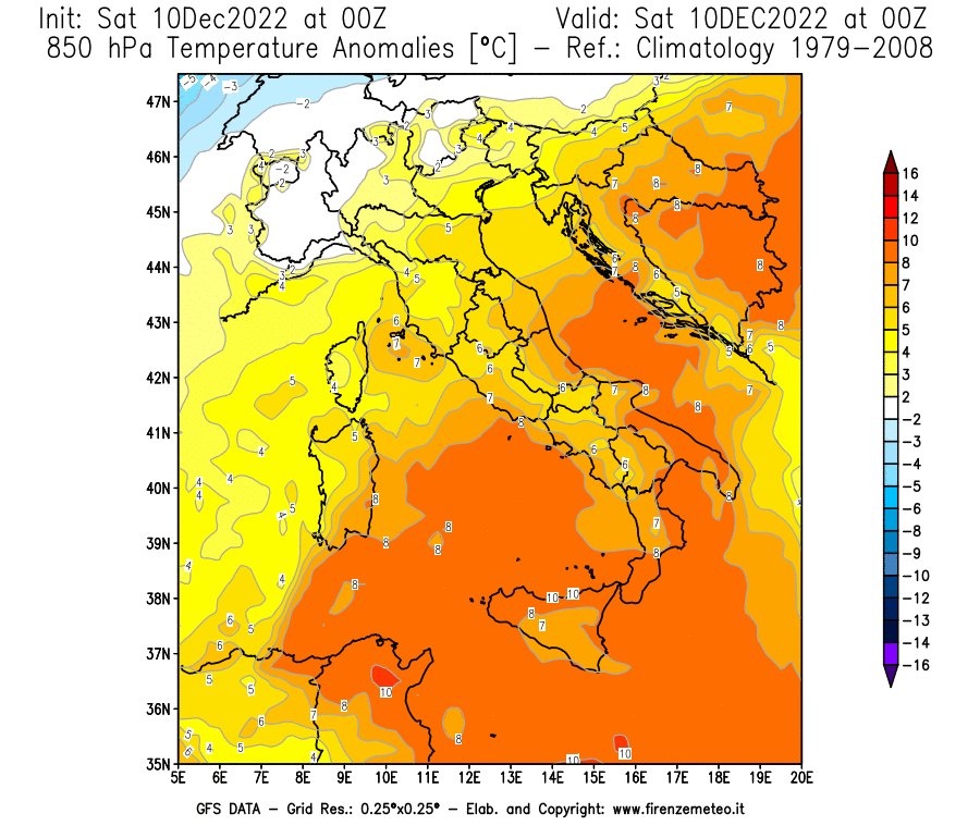 Mappa di analisi GFS - Anomalia Temperatura [°C] a 850 hPa in Italia
							del 10/12/2022 00 <!--googleoff: index-->UTC<!--googleon: index-->