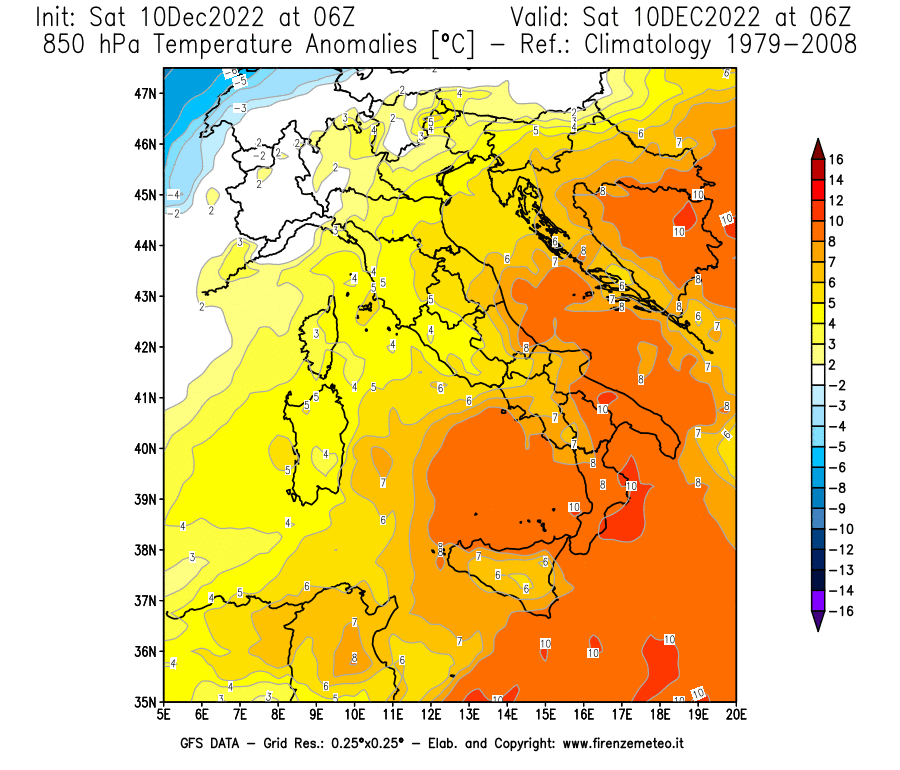 Mappa di analisi GFS - Anomalia Temperatura [°C] a 850 hPa in Italia
							del 10/12/2022 06 <!--googleoff: index-->UTC<!--googleon: index-->