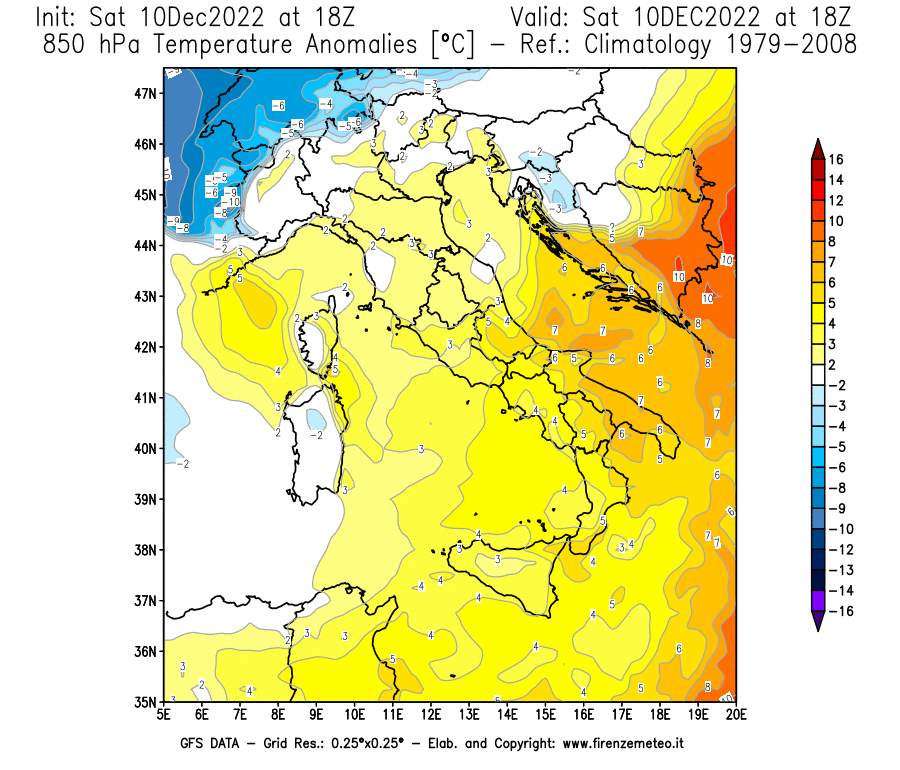 Mappa di analisi GFS - Anomalia Temperatura [°C] a 850 hPa in Italia
							del 10/12/2022 18 <!--googleoff: index-->UTC<!--googleon: index-->