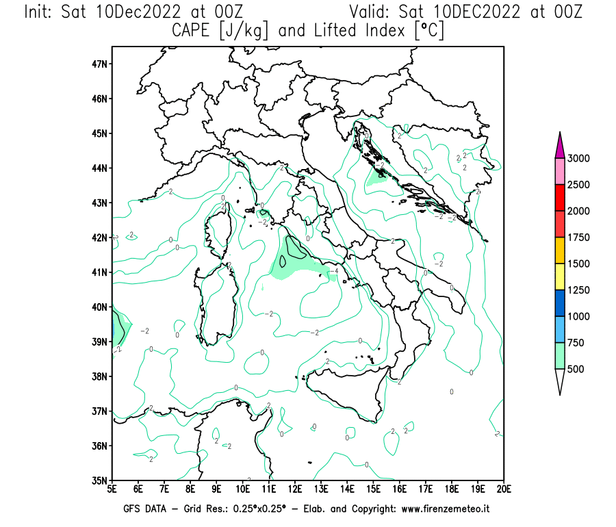 Mappa di analisi GFS - CAPE [J/kg] e Lifted Index [°C] in Italia
							del 10/12/2022 00 <!--googleoff: index-->UTC<!--googleon: index-->