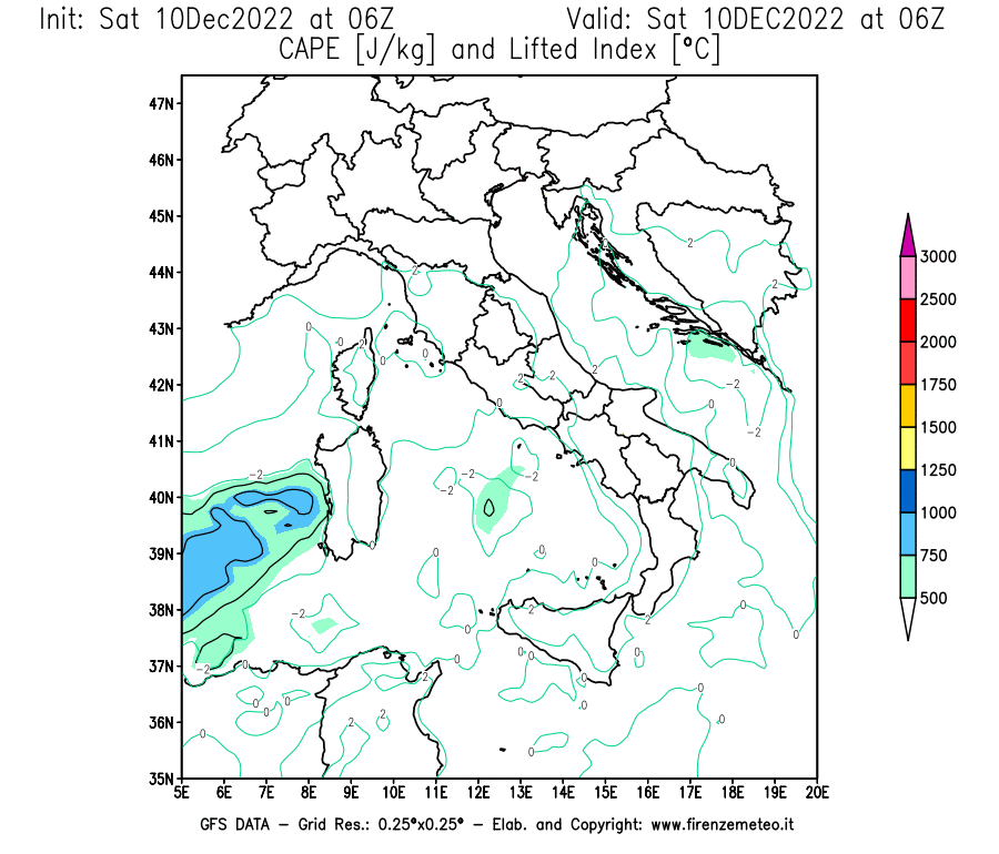 Mappa di analisi GFS - CAPE [J/kg] e Lifted Index [°C] in Italia
							del 10/12/2022 06 <!--googleoff: index-->UTC<!--googleon: index-->