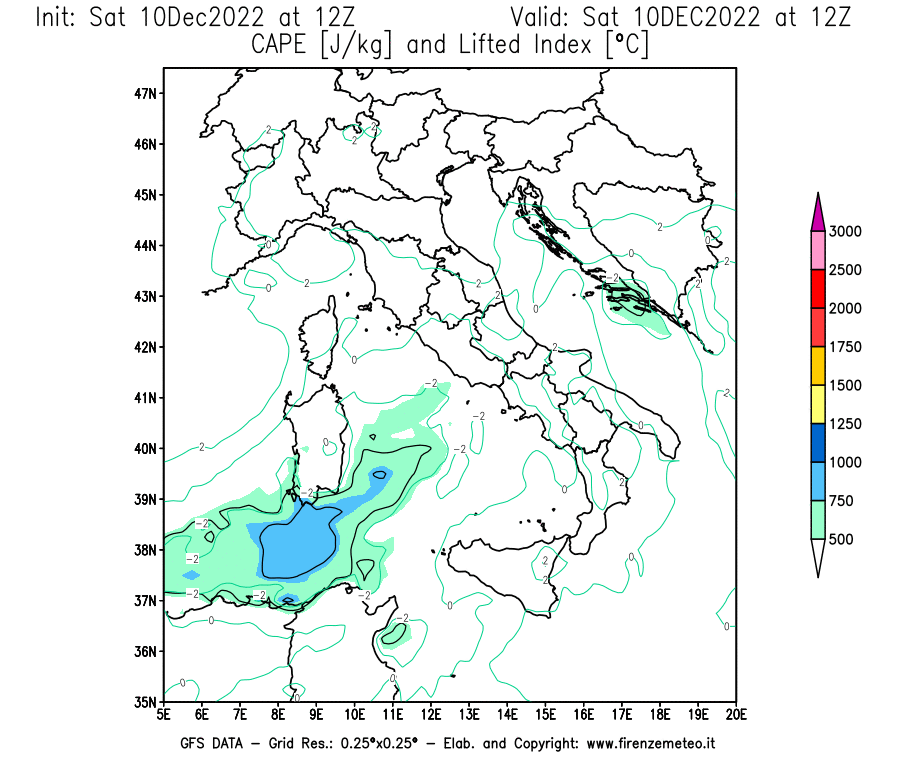 Mappa di analisi GFS - CAPE [J/kg] e Lifted Index [°C] in Italia
							del 10/12/2022 12 <!--googleoff: index-->UTC<!--googleon: index-->
