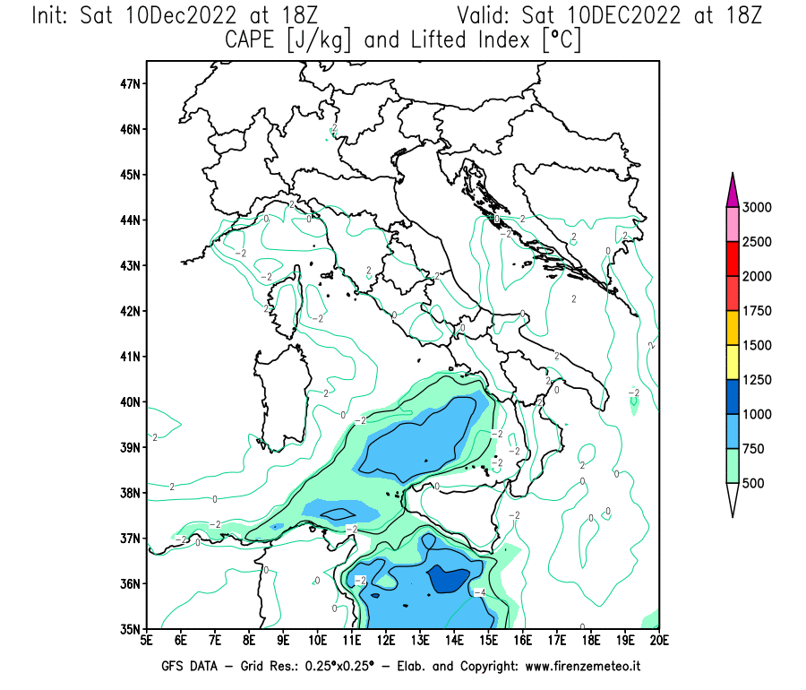 Mappa di analisi GFS - CAPE [J/kg] e Lifted Index [°C] in Italia
							del 10/12/2022 18 <!--googleoff: index-->UTC<!--googleon: index-->