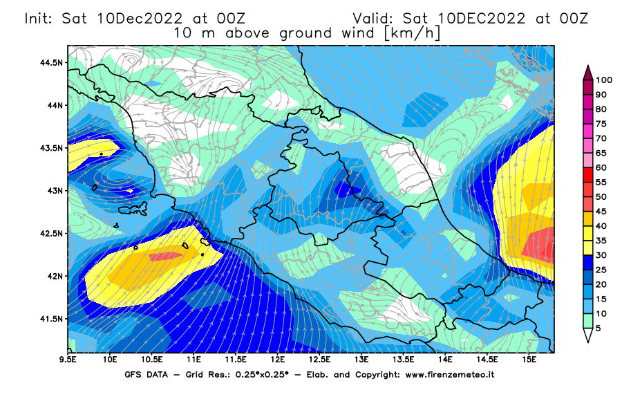 Mappa di analisi GFS - Velocità del vento a 10 metri dal suolo [km/h] in Centro-Italia
							del 10/12/2022 00 <!--googleoff: index-->UTC<!--googleon: index-->