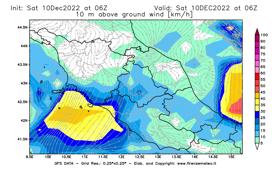 Mappa di analisi GFS - Velocità del vento a 10 metri dal suolo [km/h] in Centro-Italia
							del 10/12/2022 06 <!--googleoff: index-->UTC<!--googleon: index-->