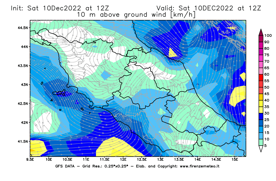 Mappa di analisi GFS - Velocità del vento a 10 metri dal suolo [km/h] in Centro-Italia
							del 10/12/2022 12 <!--googleoff: index-->UTC<!--googleon: index-->