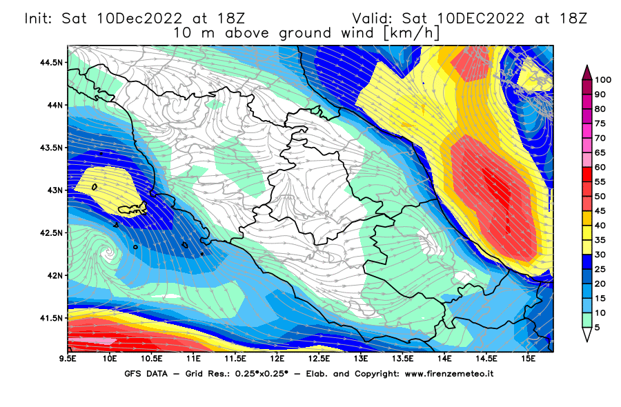 Mappa di analisi GFS - Velocità del vento a 10 metri dal suolo [km/h] in Centro-Italia
							del 10/12/2022 18 <!--googleoff: index-->UTC<!--googleon: index-->