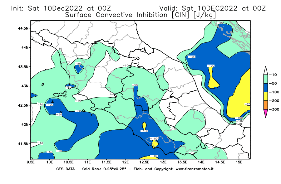 Mappa di analisi GFS - CIN [J/kg] in Centro-Italia
							del 10/12/2022 00 <!--googleoff: index-->UTC<!--googleon: index-->