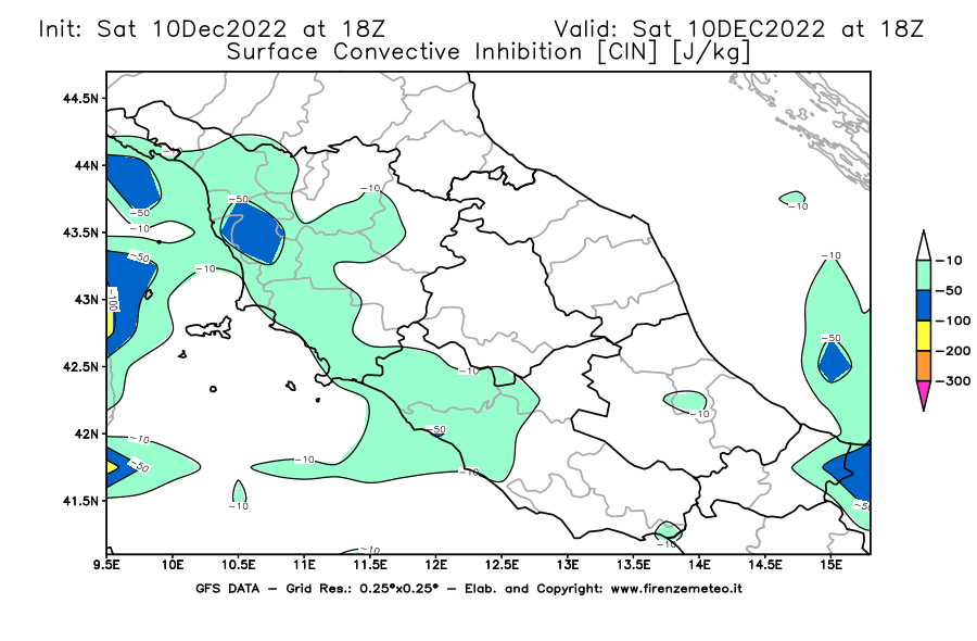 Mappa di analisi GFS - CIN [J/kg] in Centro-Italia
							del 10/12/2022 18 <!--googleoff: index-->UTC<!--googleon: index-->