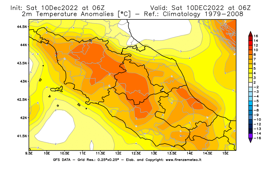 Mappa di analisi GFS - Anomalia Temperatura [°C] a 2 m in Centro-Italia
							del 10/12/2022 06 <!--googleoff: index-->UTC<!--googleon: index-->