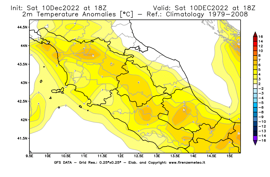Mappa di analisi GFS - Anomalia Temperatura [°C] a 2 m in Centro-Italia
							del 10/12/2022 18 <!--googleoff: index-->UTC<!--googleon: index-->