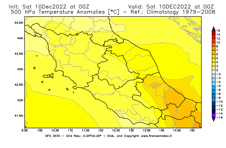 Mappa di analisi GFS - Anomalia Temperatura [°C] a 500 hPa in Centro-Italia
							del 10/12/2022 00 <!--googleoff: index-->UTC<!--googleon: index-->