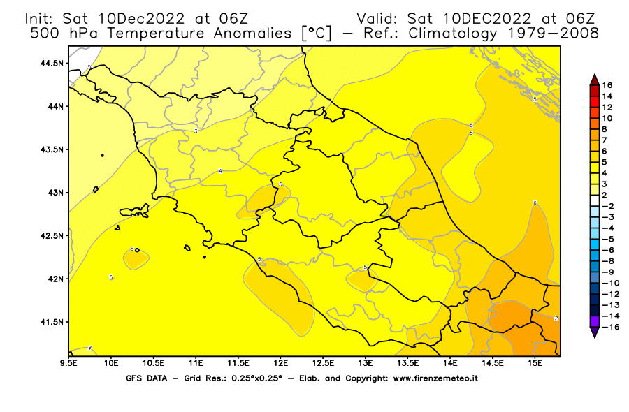 Mappa di analisi GFS - Anomalia Temperatura [°C] a 500 hPa in Centro-Italia
							del 10/12/2022 06 <!--googleoff: index-->UTC<!--googleon: index-->