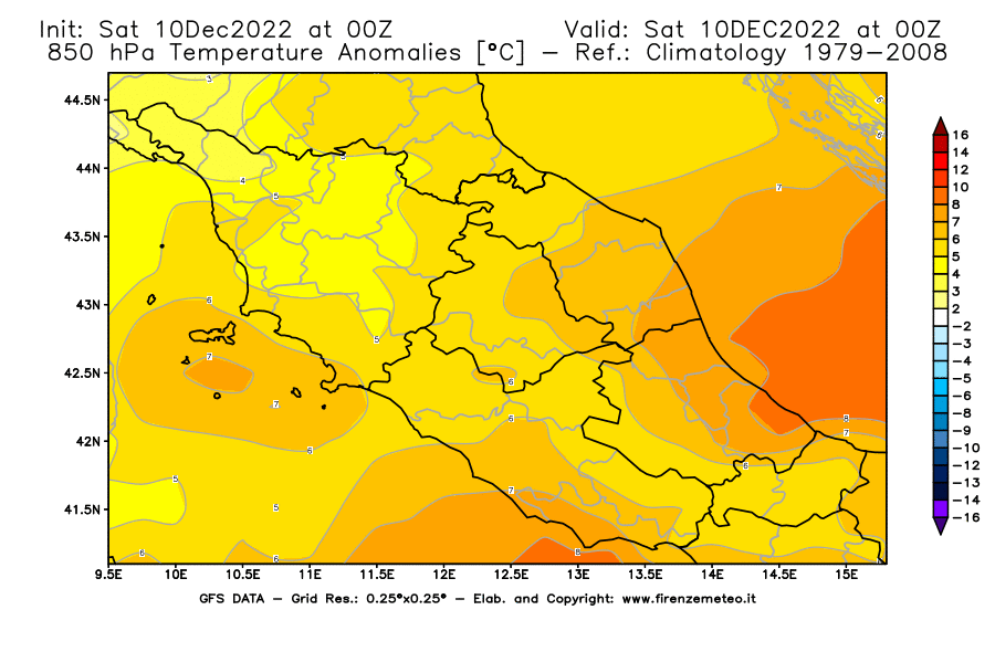 Mappa di analisi GFS - Anomalia Temperatura [°C] a 850 hPa in Centro-Italia
							del 10/12/2022 00 <!--googleoff: index-->UTC<!--googleon: index-->