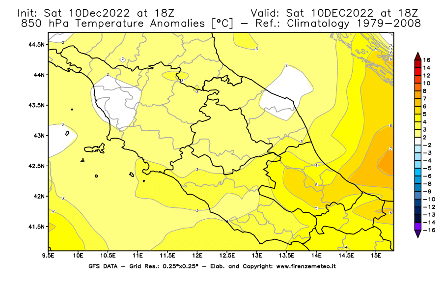 Mappa di analisi GFS - Anomalia Temperatura [°C] a 850 hPa in Centro-Italia
							del 10/12/2022 18 <!--googleoff: index-->UTC<!--googleon: index-->