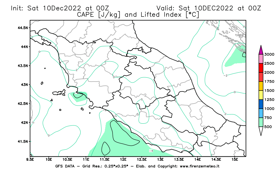 Mappa di analisi GFS - CAPE [J/kg] e Lifted Index [°C] in Centro-Italia
							del 10/12/2022 00 <!--googleoff: index-->UTC<!--googleon: index-->