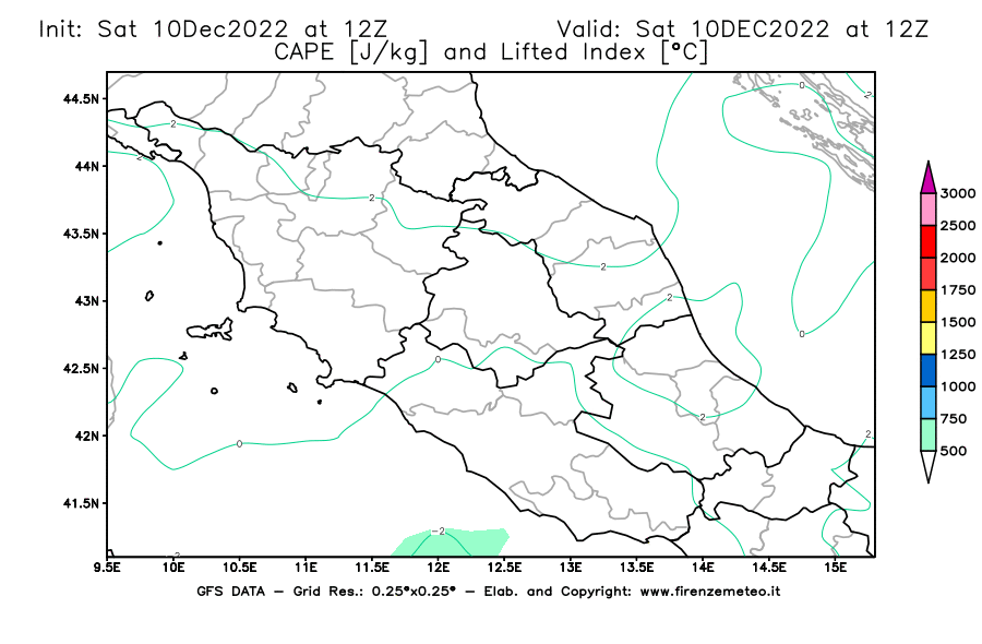 Mappa di analisi GFS - CAPE [J/kg] e Lifted Index [°C] in Centro-Italia
							del 10/12/2022 12 <!--googleoff: index-->UTC<!--googleon: index-->