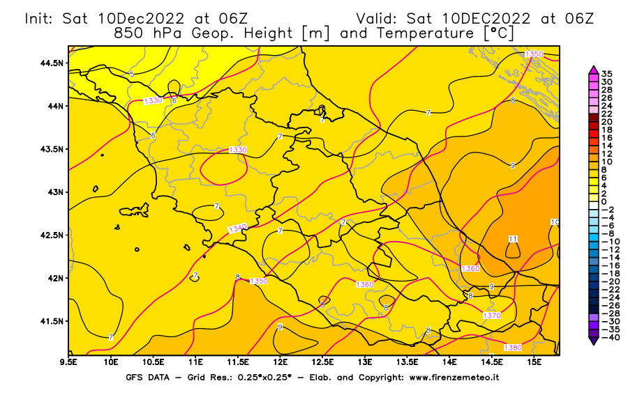 Mappa di analisi GFS - Geopotenziale [m] e Temperatura [°C] a 850 hPa in Centro-Italia
							del 10/12/2022 06 <!--googleoff: index-->UTC<!--googleon: index-->