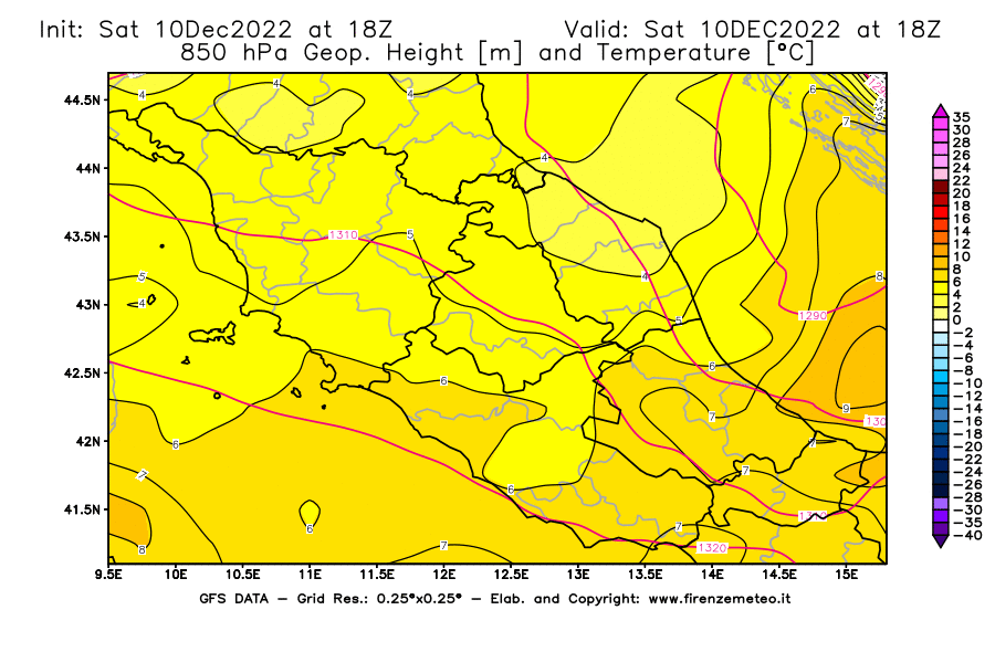 Mappa di analisi GFS - Geopotenziale [m] e Temperatura [°C] a 850 hPa in Centro-Italia
							del 10/12/2022 18 <!--googleoff: index-->UTC<!--googleon: index-->