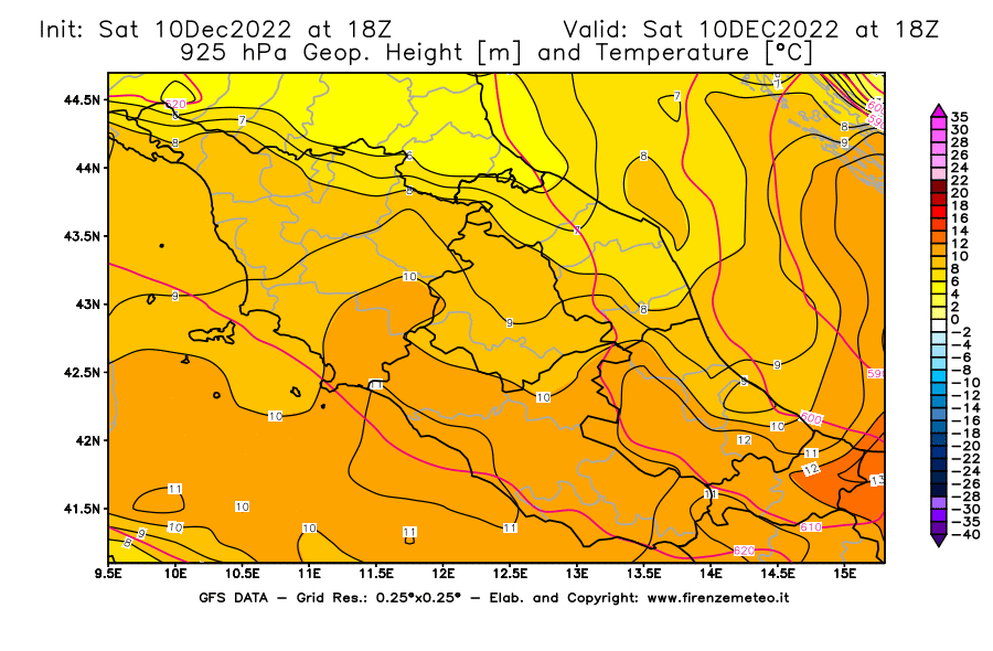 Mappa di analisi GFS - Geopotenziale [m] e Temperatura [°C] a 925 hPa in Centro-Italia
							del 10/12/2022 18 <!--googleoff: index-->UTC<!--googleon: index-->
