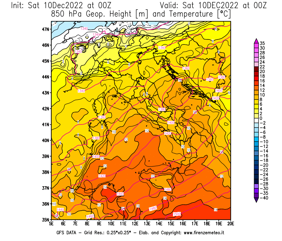 Mappa di analisi GFS - Geopotenziale [m] e Temperatura [°C] a 850 hPa in Italia
							del 10/12/2022 00 <!--googleoff: index-->UTC<!--googleon: index-->