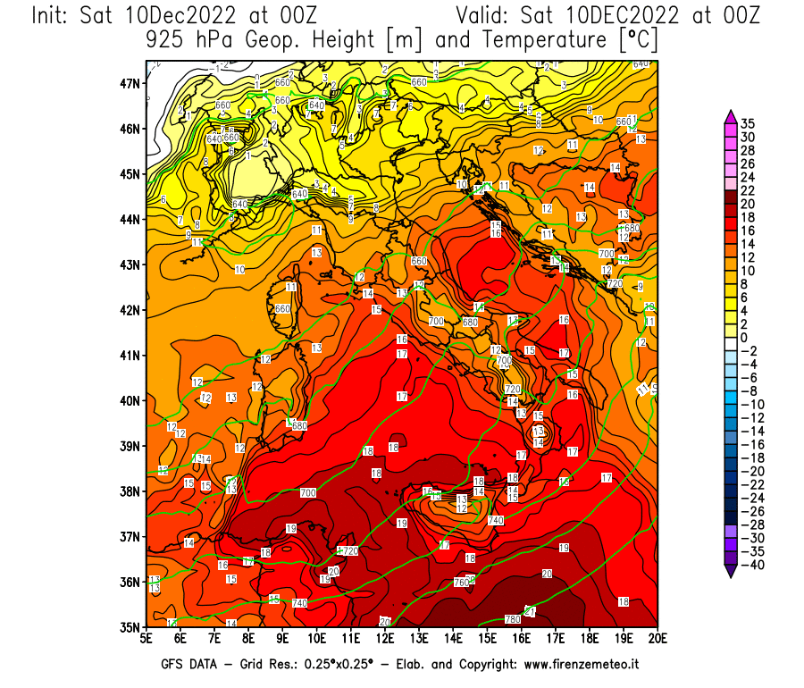 Mappa di analisi GFS - Geopotenziale [m] e Temperatura [°C] a 925 hPa in Italia
							del 10/12/2022 00 <!--googleoff: index-->UTC<!--googleon: index-->