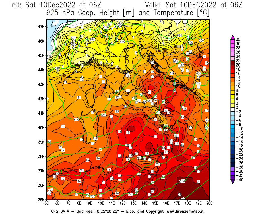 Mappa di analisi GFS - Geopotenziale [m] e Temperatura [°C] a 925 hPa in Italia
							del 10/12/2022 06 <!--googleoff: index-->UTC<!--googleon: index-->