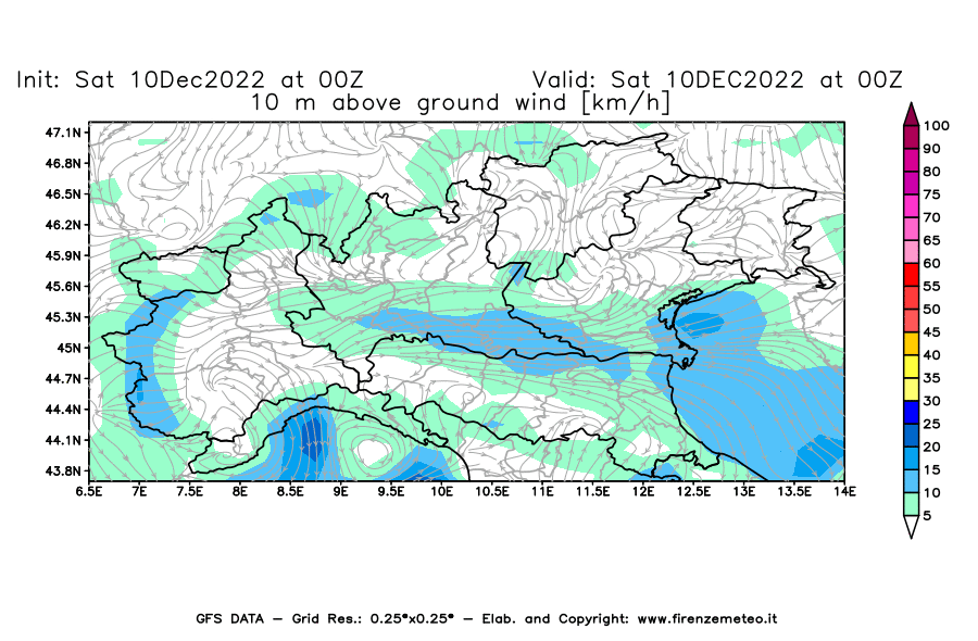 Mappa di analisi GFS - Velocità del vento a 10 metri dal suolo [km/h] in Nord-Italia
							del 10/12/2022 00 <!--googleoff: index-->UTC<!--googleon: index-->