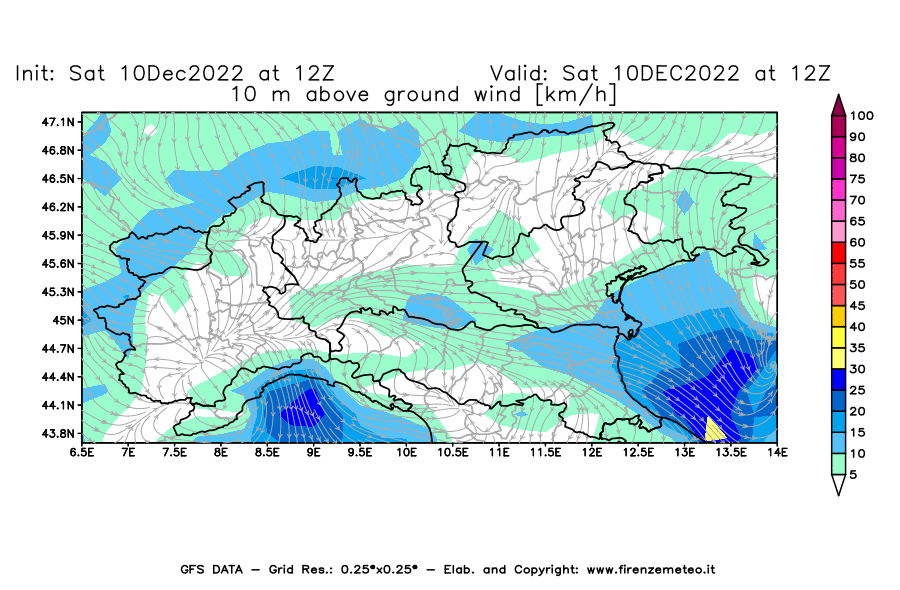 Mappa di analisi GFS - Velocità del vento a 10 metri dal suolo [km/h] in Nord-Italia
							del 10/12/2022 12 <!--googleoff: index-->UTC<!--googleon: index-->