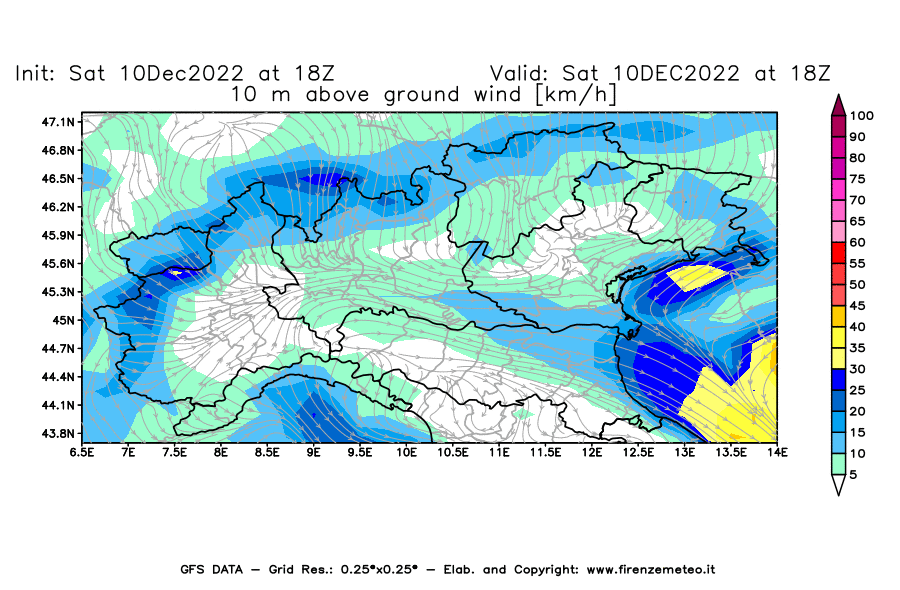 Mappa di analisi GFS - Velocità del vento a 10 metri dal suolo [km/h] in Nord-Italia
							del 10/12/2022 18 <!--googleoff: index-->UTC<!--googleon: index-->