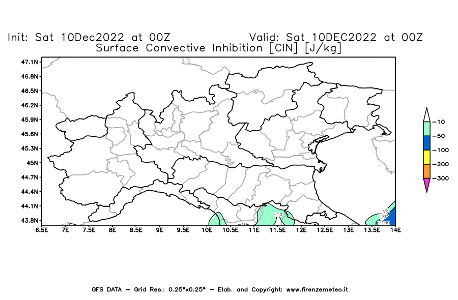 Mappa di analisi GFS - CIN [J/kg] in Nord-Italia
							del 10/12/2022 00 <!--googleoff: index-->UTC<!--googleon: index-->