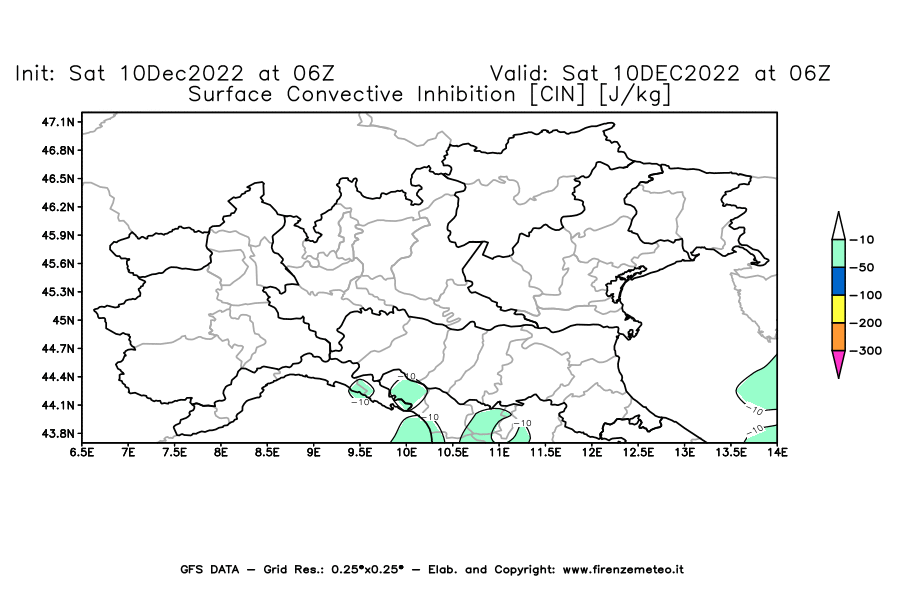 Mappa di analisi GFS - CIN [J/kg] in Nord-Italia
							del 10/12/2022 06 <!--googleoff: index-->UTC<!--googleon: index-->
