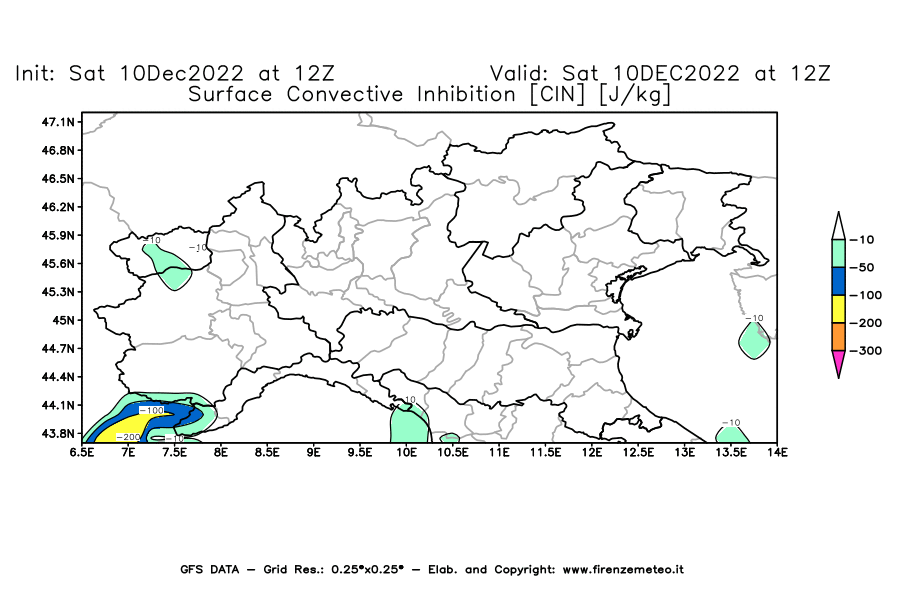 Mappa di analisi GFS - CIN [J/kg] in Nord-Italia
							del 10/12/2022 12 <!--googleoff: index-->UTC<!--googleon: index-->