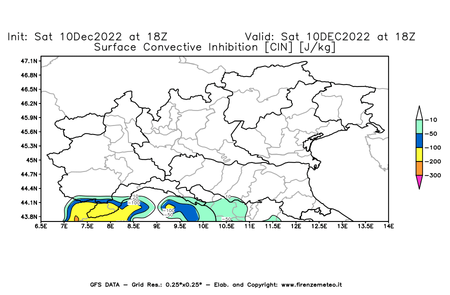 Mappa di analisi GFS - CIN [J/kg] in Nord-Italia
							del 10/12/2022 18 <!--googleoff: index-->UTC<!--googleon: index-->