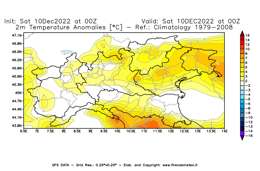 Mappa di analisi GFS - Anomalia Temperatura [°C] a 2 m in Nord-Italia
							del 10/12/2022 00 <!--googleoff: index-->UTC<!--googleon: index-->