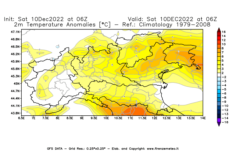 Mappa di analisi GFS - Anomalia Temperatura [°C] a 2 m in Nord-Italia
							del 10/12/2022 06 <!--googleoff: index-->UTC<!--googleon: index-->