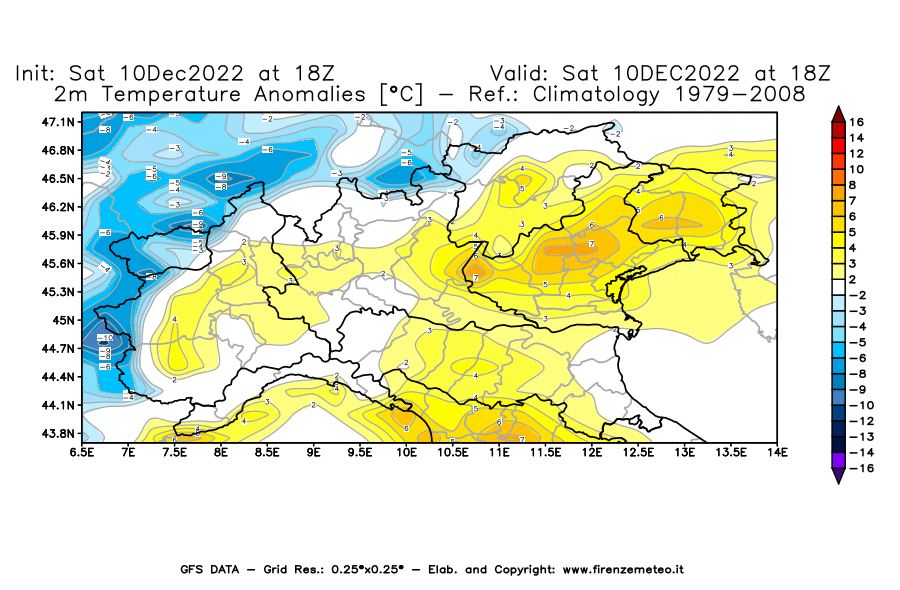 Mappa di analisi GFS - Anomalia Temperatura [°C] a 2 m in Nord-Italia
							del 10/12/2022 18 <!--googleoff: index-->UTC<!--googleon: index-->