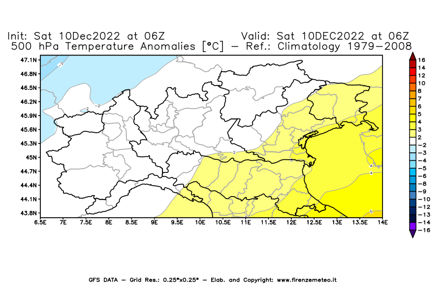 Mappa di analisi GFS - Anomalia Temperatura [°C] a 500 hPa in Nord-Italia
							del 10/12/2022 06 <!--googleoff: index-->UTC<!--googleon: index-->