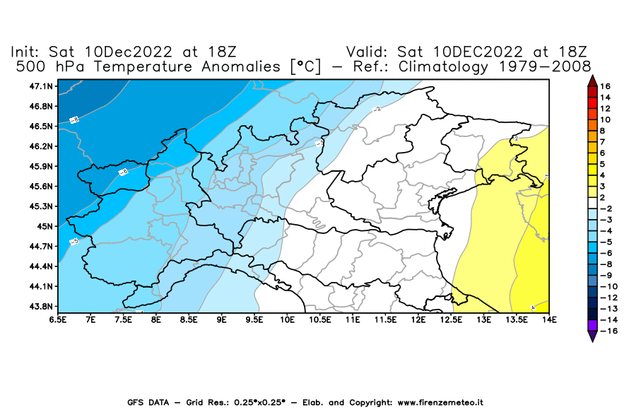 Mappa di analisi GFS - Anomalia Temperatura [°C] a 500 hPa in Nord-Italia
							del 10/12/2022 18 <!--googleoff: index-->UTC<!--googleon: index-->